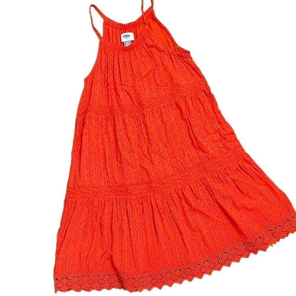 Old Navy Sleeveless Dress‎ Polka Striped Print Midi Lace Orange Girls Medium 8